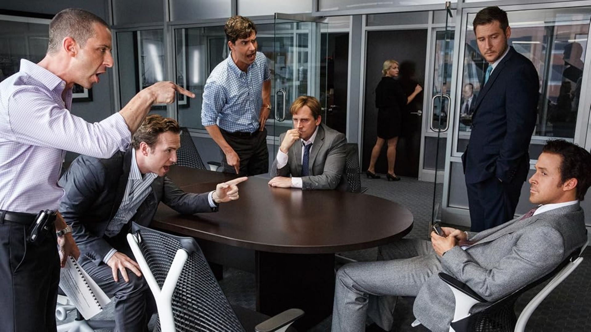 Christian Bale, Ryan Gosling, Steve Carell, and the cast of the movie (Image via Prime Video)